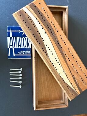 Cribbage Wooden Board Game Set w/ 6 Metal Pegs & Cards, Handcrafted